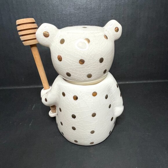 Anthropologie Dottie Honey Pot Ceramic Bear Jar With Gold Polka Dots Wood Spoon - Picture 6 of 9